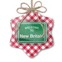 Božićni ukras zeleni putni znak Dobrodošli u novu Britaniju Crveni plaid Neonblond