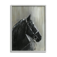 Stupell Industries Crni konj u Bridle Solemnu Konjički portret Moderno slikanje Siva Umještena Art Print
