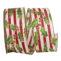 Papirna Božićna svjetlucava traka, Holly Tuxedo traka sa prugama, krema i crvena, 2,5 u 10yd, 1 pakovanje