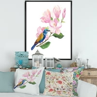 Dizajnerska ptica koja sjedi na ružičastoj magnolijskoj tradicionalnom uokvirenom platnom zidnom umjetničkom