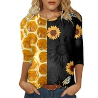 Vrhovi za žene Žene Casual Okrugli izrez Tri četvrtine rukava majica Bee Festival Print Top Black Veličina