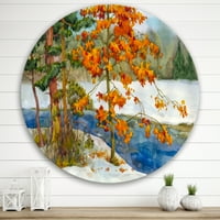 Designart 'Stream Through the Winter Forest I' Lake House Circle Metal Wall Art-disk of 29