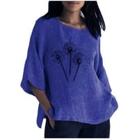 Ljetni pamučni laneni vrhovi za žene okrugli vrat kratki rukav uzorak štampana bluza majica za Casual