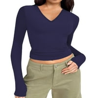 Colisha Women majica Majica sa čvrstim bojama V izrez Basic Tops Slim Fit DneugeWer dugih rukava Tee Siva