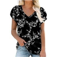 Ženska ljetna Casual majica V-izrez kratki rukav tunike za gamaše labava bluza košulja Crna s