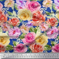 Soimoi Blue Rayon Crepe listovi tkanine, ružičaste i breskve akvarel ruža ruža Ispiši šivanje tkanine