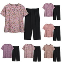 Ženske kratke rukave Loungewear Button Down Floral Print Tops široke pantalone za noge pidžama Set Red 4XL
