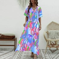 Yubatuo Womens Ljeto Ležerne prilike, kasuta od tiskane kasete, haljina s rukavima V-izrez Maxi haljine