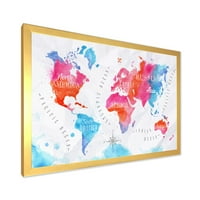 Designart 'Karta Svijeta u plavoj i ružičastoj boji' moderni uokvireni umjetnički Print