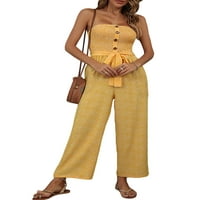 Diconna ženske bez rukava sa ramenima Summer Casual wrap fsik struk bočni džepovi tiskane duge labave hlače žute s
