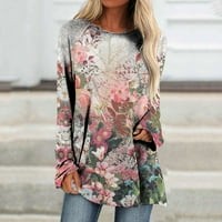 Žene klasični cvijeće štampane labave vrhove duge rukave majice Crewneck Plus Size bluze Dressy Dressy za jesen
