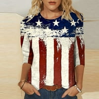 Odeerbi 4. jula Patriotska košulja za žene labave majice modni Dan nezavisnosti štampanje majica tri četvrtine rukava bluza okrugli vrat Casual Tops bež