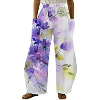 Ženske elastične pantalone sa širokim nogama srednjeg struka ljetne modne pantalone sa dugim cvjetnim printom za vježbanje za dame Casual labave hlače udobne ljubičaste s