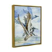 Stupell Industries pelikani Aloft Bird Flight Trio slika metalik zlato plutajuće uokvireno platno print