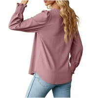 Dugi rukav kvadratni vrat tunike vrhovi za žene Casual jednobojne Ruched plisirane majice bluza labava udoban Cuvy Baggy Tshirt Top Pink XL