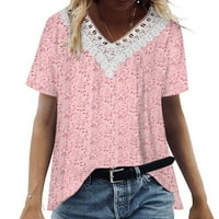 Ženske slatke kratke rukave majice grafički Print V-izrez Casual labave tunike Top Pink Size S