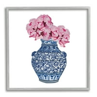 Stupell Industries Moderni cvjetni Ikebana aranžman ukrašena plava vaza Grafikon umjetnost siva uokvirena