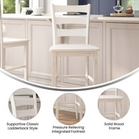 BizChair komercijalni razred drvena klasična merdevina bar visina barska stolica sa sjedištem od punog drveta, antikno bijelo pranje
