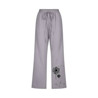 Klirens Capris za žene $7.00, Plus Size labava pamučna posteljina široka Vezica za noge elastični džep za struk štampani ravni Capris ženske ljetne pantalone siva Veličina 14