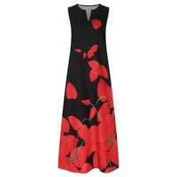 Maxi haljine za žene Ljeto bez rukava Ležerne duge haljine Vintage tiskani V izrez džepovi labave ljuljačke podne duljine crvena XL
