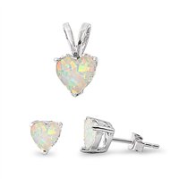 Naušnice u srcu Solitaire bijeli simulirani opal. Sterling srebrni privjesak set nakita ženski uniseks
