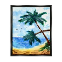 Tropska Plaža Palms Ptice Leti Obalni Painting Jet Crna Uokvirena Art Print Zid Art