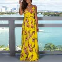 iOPQO Maxi haljine za žene Žene cvjetne večernje zabave bez leđa duge maksi haljine Boho sarafan haljine na plaži za žene Ležerne haljine za žene žuta L