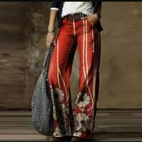 Hanas pantalone ženske široke noge ravne Casual pantalone sa cvetnim štampanim džepovima sa patentnim zatvaračem Fau traper pantalone visokog struka Crvene s