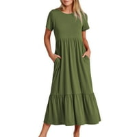Žene ljetne haljine Ženska ljetna casual kratkih rukava Crewneck Swire haljina Ležerne prilike Flowy Tired Maxi Haljina za plažu sa džepovima zelena