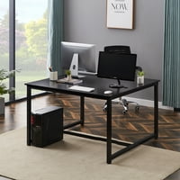 Kvadratna radna stanica za laptop za osobu, kućni kancelarijski računar sa drvenim stolama i metalnim okvirom, crni