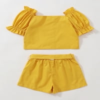 Medvjedi hlače za djevojčice 5t djevojke proljeće ljetna odjeća set slatkih čvrstih boja mjehurići kratki rukav top kratke hlače 5-6t, žuti