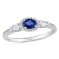 Carat T. G. W. plavo-bijeli safir i karat T. W. dijamant 14kt oreol zaručnički prsten od bijelog zlata
