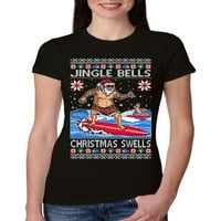 Wild Bobby, Santa Surfanje Jingle Bells Božić Bubri Ružno Božić Džemper Žene Slim Fit Junior Tee, Crn, Mali