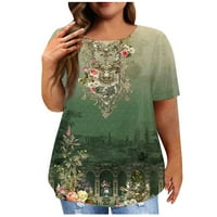 Gotyou ženski vrhovi ženska kratka rukava košulja okrugli vrat Plus Veličina T-Shirt Vintage štampani Casual Tops tamno zeleni XL