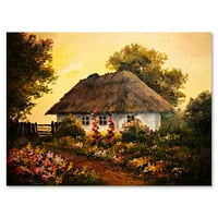 Designart 'Tradicionalna Vikendica Na Zalasku Sunca U Jesen Cvijeće' Tradicionalni Platneni Zidni Umjetnički Print