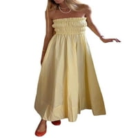 Biayxms ženska duga haljina bez naramenica jednobojna Ruched rukav bez rukava sa lepršavim haljinama na plaži