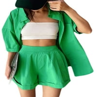 wdehow ženski set odijela, ljetna jednobojna spuštena kragna duga rukava + kratke pantalone za dame, zelena