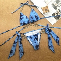 Divlji ženski seksi lanac s printom s dijamantom i malim zvoncem na pertlu oko struka s Halter remenom bikini set kupaćih kostima(Plava m)