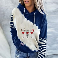 Prinxy Clearence Ležerne prilike sa labavim jepom plus veličina Božićne majice Crveno vinsko staklo Santa šešir Grafički pulover Dukseri za žene s kapuljačom dugih rukava s kapuljačom, plavi XXL