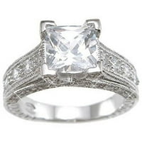 Sterling Silver Rodium Finish Princeza Antički Stil Vjenčani Prsten