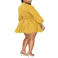 Colisha Dame Haljina čvrste boje kratke mini haljine V izrez Ležerne prilike za odmor s dugim rukavima Yellow XL