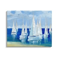 Stupell Industries Blanco jedrilice na plaži koje odražavaju galeriju slikanja obale umotano platno print