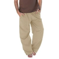 Yuwull Muške posteljinske hlače Elastična struka na plaži Yoga pantalone lagane ravno ravne hlače sa džepovima Khaki