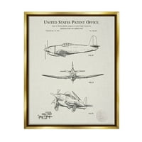 Stupell Industries Detaljni vintage avion Patent grafički umjetnički metalik zlato plutajući uokvireni